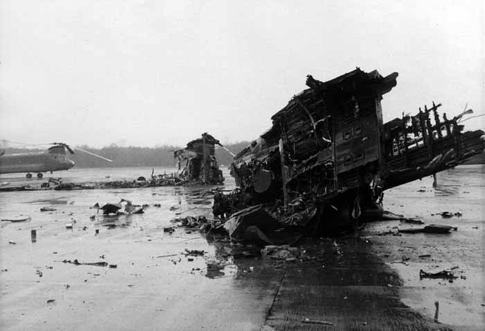 What is left of Chinook helicopter 66-00118 after the accident.