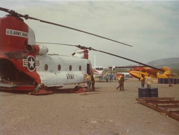 CH-47C Chinook helicopter 68-15861 refueling at a remote location in Alaska while supporting fire fighting efforts.