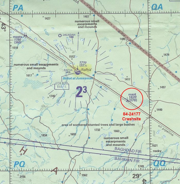 A map showing the location of the crashsite of 84-24177 in Saudi Arabia.