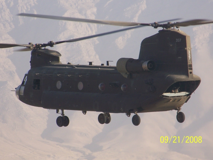 CH-47D Chinook helicopter 85-24337 while assigned to the California Army National Guard and deployed to Bagram, Afghanistan, 2008 - 2009.