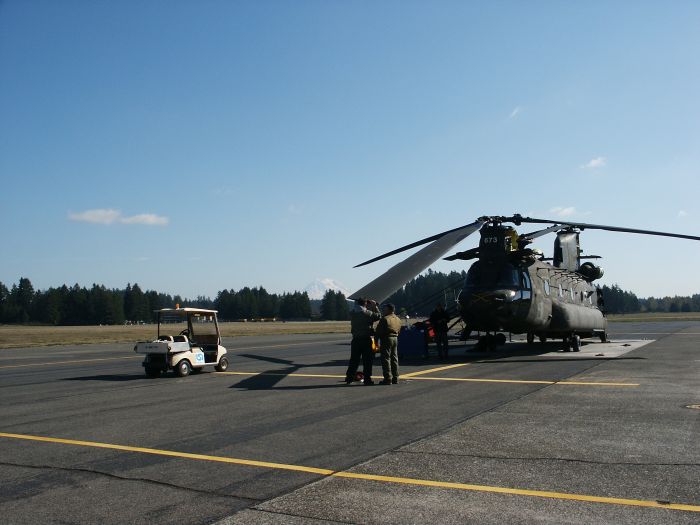 Chinook helicopter 86-01673 at Fort Lewis, Washington, after undergoing RESET and being readied for test flight under the auspices of Project OLR with the contractor Lear-Siegler Incorporated (LSI) in October 2008.