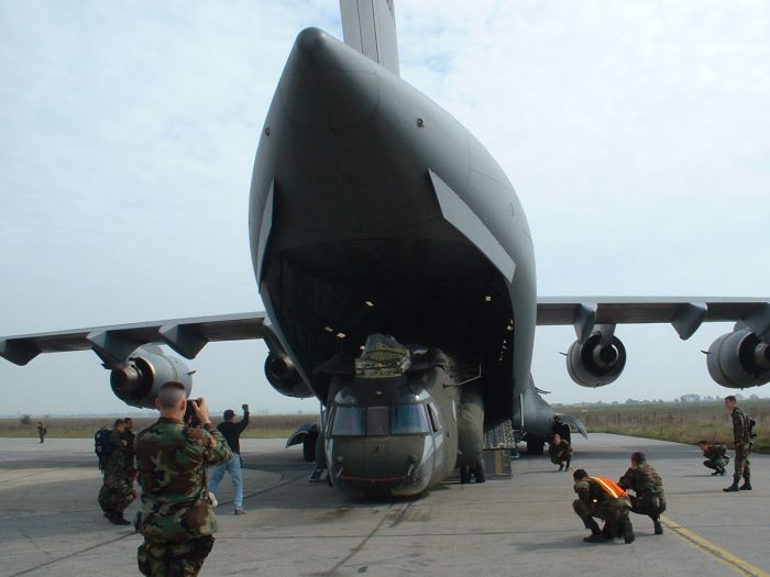 89-00138 being loaded aboard a United States Air Force (USAF) C-17 Globemaster III transport aircraft at Camp Able Sentry, Macedonia.