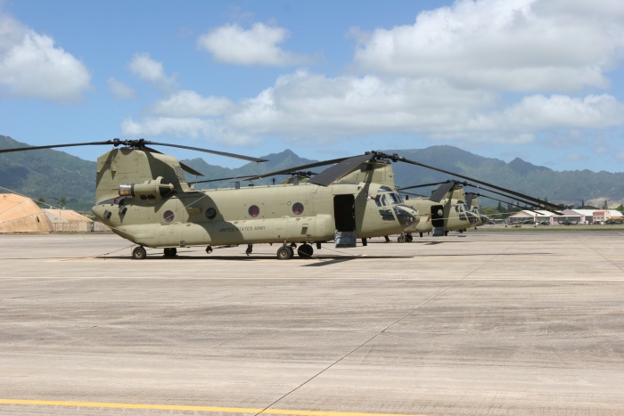 22 May 2011: CH-47F Chinook helicopter 07-08735 resting on the ramp at Wheeler Army Airfield while assigned to the "Hillclimbers".