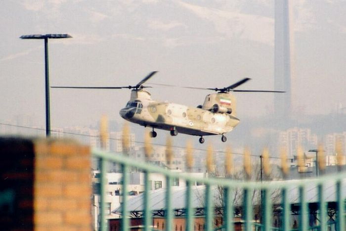 On 11 February 2004, celebrations of the 25th anniversary of Islamic Revolution took place all over Iran. The main demonstration was held in Tehran where some 100,000 people, led by President Khatami, marched to Azadi (Freedom) Square. During the celebration several helicopters were seen flying around the scene. The ceremony began with parajumpers dropping from three different types of helicopters belonging to different forces. Above, an unidentified Islamic Republic of Iran Air Force (IRIAF) CH-47C was the first to participate.