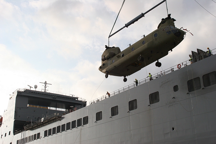 18 November 2010: CH-47F Chinook helicopter 09-08065 was the eleventh aircraft to arrive at the dock.