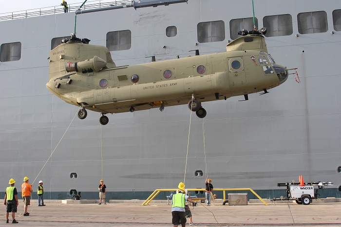 18 November 2010: CH-47F Chinook helicopter 09-08065 was the eleventh aircraft to arrive at the dock.