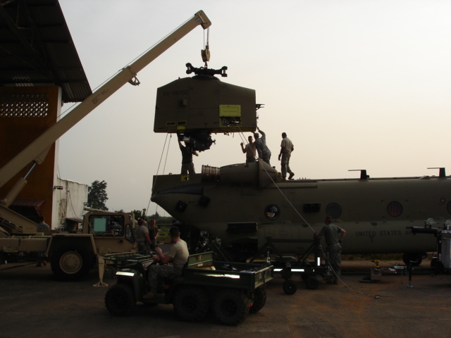 Boeings CH-47F model Chinook helicopter supports U.S. Presidential visit to Africa, February 2008.