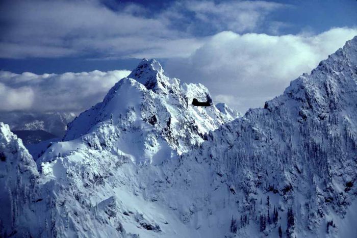 A model Chinooks fly over the northern Cascades in January 1979.